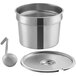 A silver Vollrath stainless steel inset pot with a lid and a ladle.
