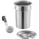 A Vollrath stainless steel inset with cover and a Jacob's Pride ladle in a silver container.