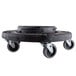 A black Rubbermaid BRUTE trash can dolly with wheels.