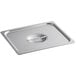 A Vigor stainless steel hotel pan cover on a stainless steel pan.