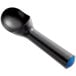 A black plastic ice cream scoop with a blue handle.