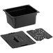 A black plastic 1/2 size food pan with a lid and drain tray.