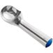 A silver ice cream scoop with a blue handle.
