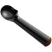 A black plastic scoop with a brown handle.