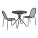 A Lancaster Table & Seating Harbor black metal outdoor bistro set with 2 chairs on a table with modern legs.