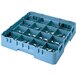 A teal blue plastic Cambro glass rack with 16 compartments and 4 extenders.