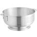 A silver aluminum colander with holes and base.