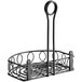 A black metal half round spiral wrought iron condiment caddy with a handle.