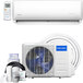 A white MRCOOL ductless mini-split heat pump unit on a wall with a remote control.