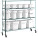 A Baker's Mark epoxy shelving unit with white containers on a metal shelf.