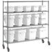 A Baker's Mark metal shelving unit with white plastic containers and lids on metal shelves.