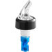 A TableCraft blue and black plastic liquor pourer with a clear spout and blue tail.