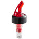 A red TableCraft liquor pourer with a clear spout and black collar.