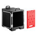 A black front-loading insulated food pan carrier with a separate red hot board, designed to hold up to five full-size pans.