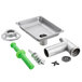 A stainless steel sink with a metal meat grinder attachment with a green handle.