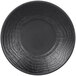 A black Elite Global Solutions Denali melamine plate with a circular pattern.