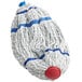 A white and blue microfiber mop head with a red twisty attachment.