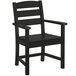 A black POLYWOOD outdoor dining arm chair with a wooden seat and armrests.