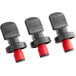 A 3 pack of American Metalcraft bottle stoppers with red and black clips.