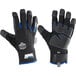 A pair of black Ergodyne ProFlex waterproof work gloves with blue stitching and white trim.