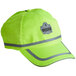 A lime green baseball cap with a grey stripe and reflective stripes.