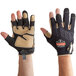 A close-up of a pair of tan and black Ergodyne heavy-duty framing gloves.