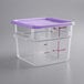 A clear plastic container with a purple lid.