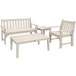 A POLYWOOD white outdoor bench and table set.
