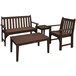 A POLYWOOD mahogany bench and chair seating set with a table.