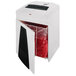 A white HSM SECURIO P36ic shredder with a bag of red shredded paper inside.