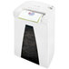 A white HSM SECURIO B24c paper shredder with paper in it.