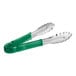 A pair of Choice stainless steel tongs with green coated handles and scalloped edges.