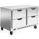 A stainless steel Beverage-Air undercounter refrigerator with four drawers and black handles.