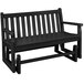 A black POLYWOOD garden glider bench with arms.