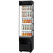A stainless steel Turbo Air vertical open display case with shelves of canned beverages.