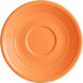 An Acopa Valencia Orange stoneware saucer with a rim and circular pattern in orange.