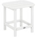 A POLYWOOD white side table with a wooden top on an outdoor patio.