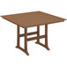 A brown POLYWOOD bar height table with a wooden top and trestle legs.