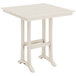 A white POLYWOOD bar height table with a wooden top and trestle legs.