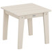 A white POLYWOOD outdoor end table with wooden legs and a wooden top.