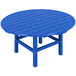 A blue round POLYWOOD conversation table with legs.