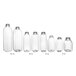 A row of clear 32 oz. Square PET juice bottles.