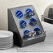 A black and blue Choice flatware organizer with blue plastic cylinders holding silverware.