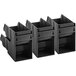 A group of black plastic storage boxes.