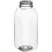 An 8 oz. clear plastic tall square juice bottle with a black lid.