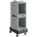 A gray plastic cart with black CaterGator pan carriers on it.