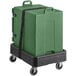 A green CaterGator front loading food pan carrier on a black cart with wheels.