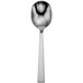 A close-up of a Sant'Andrea Fulcrum stainless steel bouillon spoon with a long handle.