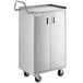 A Regency stainless steel utility cart with enclosed base and locking doors.