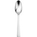 A close-up of a Sant'Andrea Fulcrum stainless steel European teaspoon with a white handle.